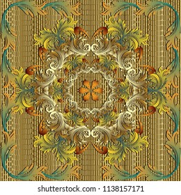 Gold 3d Baroque vector seamless mandala pattern. Beautiful grunge striped grid golden background. Vintage modern antique flowers in baroque victorian style. Textured surface design. Luxury design