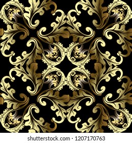 Gold 3d Baroque vector seamless pattern. Antique ornamental floral backgroind. Repeat backdrop. Vintage baroque Victorian style golden tiled ornament. Beautiful flowers, scrolls, leaves. Ornate design