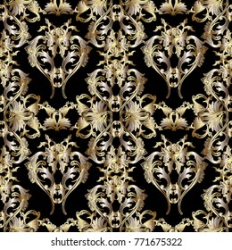 Gold 3d Baroque vector seamless pattern. Floral vintage damask background. Golden flowers, scrolls, leaves, antique ornaments in baroque victorian style. Royal wallpaper. Surface luxury texture.