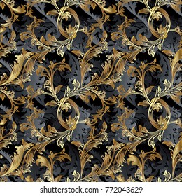 Gold 3d Baroque vector seamless pattern. Floral vintage damask background. Golden flowers, scrolls, leaves, antique ornaments in baroque victorian style. Royal ornate wallpaper. Surface luxury texture