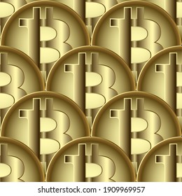 Gold 3d Bitcoins seamless pattern. Vector surface golden background. Ornate repeat bit-coin backdrop. Monetary rich ornaments for design, wallpapers, prints. Virtual coin symbols. Illustration.