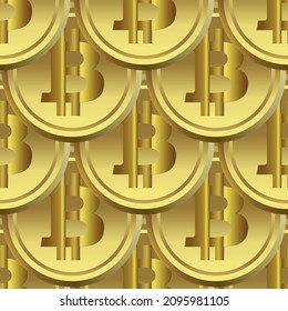 Gold 3d Bitcoins seamless pattern. Vector surface golden coins cryptocurrency background. Ornate repeat bit-coin backdrop. Monetary rich crypto currency ornaments. Golden tokens. Virtual coin symbols.