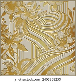 Gold 3d blossom sakura flowers textured emboss striped pattern with square frame. Relief ornamental embossed vector background. Floral surface grunge gold ornament with lines, stripes, flowers, leaves