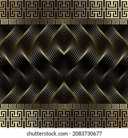 Gold 3d borders seamless pattern. Ornamental greek style vector background. 3d lines ornaments. Surface repeat luxury line art backdrop. Greek key, meanders. Ornate  border design. Endless texture.