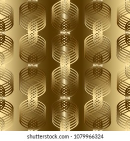 Gold 3d braided wavy lines seamless pattern. Vector geometric abstract waves background. Ornamental luxury design with shiny golden spiral lines, waves, modern ornaments. Surface texture. 3d Wallpaper
