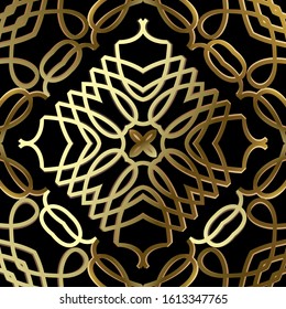 Gold 3d calligraphic 3d line art seamless pattern. Black ornamental swirls background. Repeat elegant backdrop. Arabesque style luxury floral ornament. Intricate golden calligraphy swirl lines, zigzag