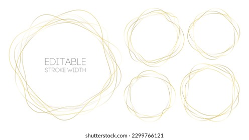 Gold 3d circle frame. Yellow metal ring with glowing effect as oval abstract border. Vector line luxury circular outline design element.
