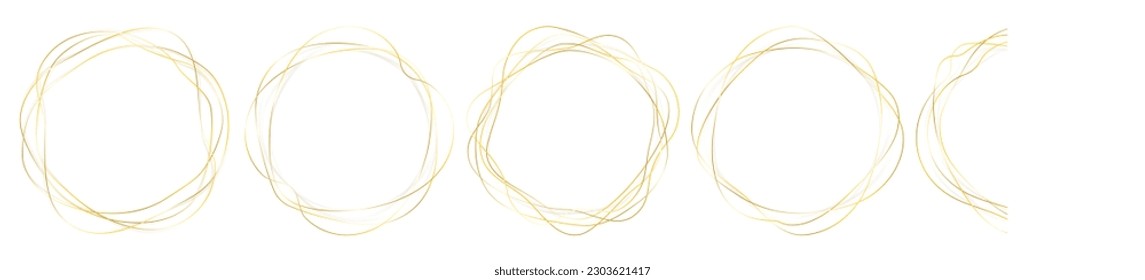 Gold 3d circle frame. Yellow metal ring with glowing effect as oval abstract border. Vector line luxury circular outline design element.