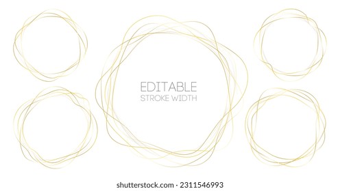 Gold 3d circle frame. Yellow metal ring with glowing effect as oval abstract border. Vector line luxury circular outline design element.