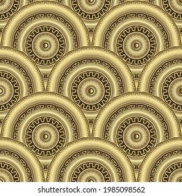 Gold 3d circles seamless pattern. Vector ornamental background. Surface repeat Deco backdrop. Tiled round 3d golden mandalas. Geometric greek style ornaments. Decorative textured surface design. 
