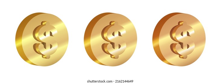 Gold 3D coin. Gold coin with dollar sign. Set of gold coins. Vector clipart isolated on white background.