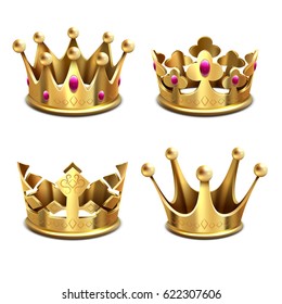 Gold 3d crown vector set. Royal monarchy and kings attributes