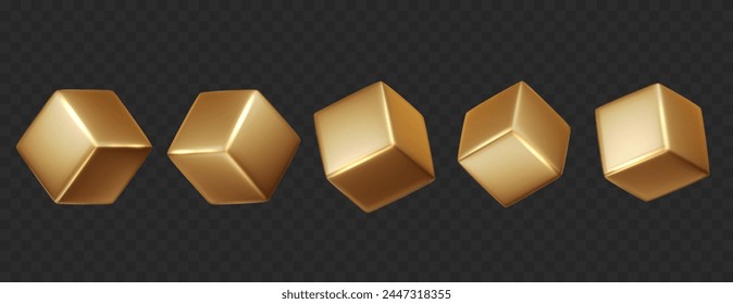 Gold 3D cubes pack isolated on dark background. Realistic vector geometric shapes in different light, perspective and angle.