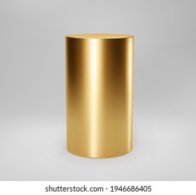 Gold 3d cylinder front view with perspective isolated on grey background. Cylinder pillar, golden pipe, museum stage, pedestal or product podium. 3d basic geometric shape vector