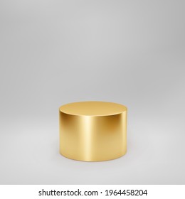 Gold 3d cylinder front view with perspective isolated on grey background. Cylinder pillar, golden pipe, museum stage, pedestal or product podium. 3d basic geometric shape vector