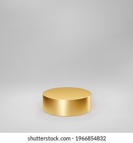 Gold 3d cylinder front view with perspective isolated on grey background. Cylinder pillar, golden pipe, museum stage, pedestal or product podium. 3d basic geometric shape vector