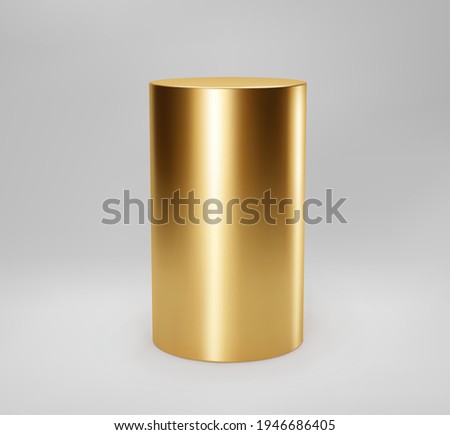 Gold 3d cylinder front view with perspective isolated on grey background. Cylinder pillar, golden pipe, museum stage, pedestal or product podium. 3d basic geometric shape vector