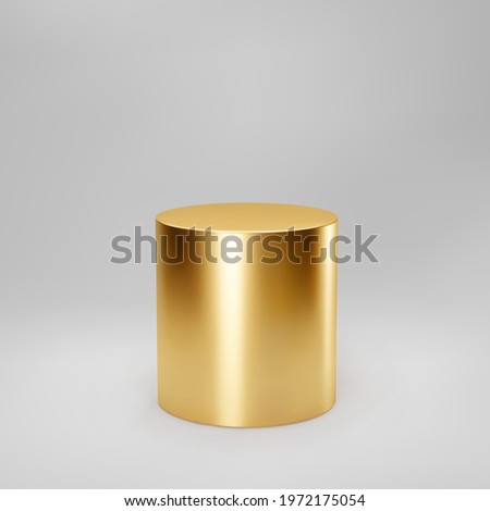 Gold 3d cylinder front view with perspective isolated on grey background. Cylinder pillar, golden pipe, museum stage, pedestal or product podium. 3d basic geometric shape vector