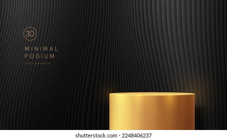 Gold 3D cylinder stand podium background with luxury vertical pattern in curve wave texture. Minimal wall scene mockup products showcase, Stage for promotion display. Vector abstract geometric forms. 