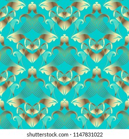 Gold 3d Damask vector seamless pattern. Floral ornamental vintage light blue background. Ornate golden flowers, leaves, grid paisleys, dots, stripes. Line art tracery ornaments. Luxury elegance design