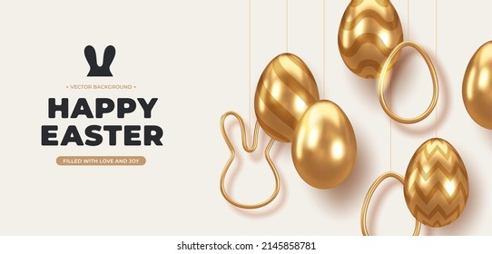 Gold 3d decorative eggs composition. Easter holiday vector illustration.