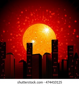 Gold 3D Disco Ball Over Dark Red Abstract Cityscape Background