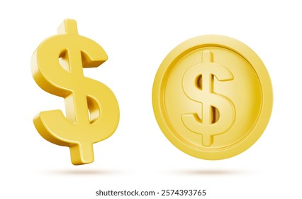 Gold 3d dollar symbol in currency sign and coin design with yellow metallic surface. Realistic financial floating icons with shadow for banking banner, economic presentation or casino win concept.