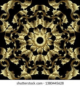 Gold 3d embroidery Baroque vector seamless pattern. Textured grunge background. Vintage leafy tapestry ornament in baroque Victorian style. Embroidered flowers, leaves. Round floral ornate mandala.