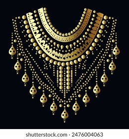 Gold 3d ethnic native tribal style embroidery isolated neckline pattern. Vector embroidered neck ornaments. Golden decorative textured neck border. Black background. Luxury ornate surface texture.