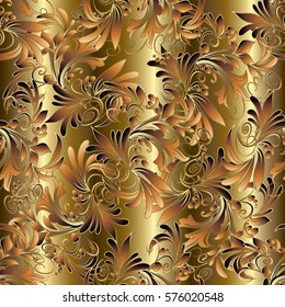 Gold 3d floral damask seamless pattern. Drapery golden background with vintage  flowers, leaves and antique ornaments. Luxury wallpaper. Vector surface texture for fabric, textile, curtains.