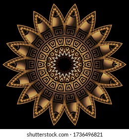 Gold 3d floral greek round mandala pattern. Ornamental textured abstract background. Surface texture. Ancient greek key meander luxury ornament. Beautiful golden 3d flower. Zigzag design.