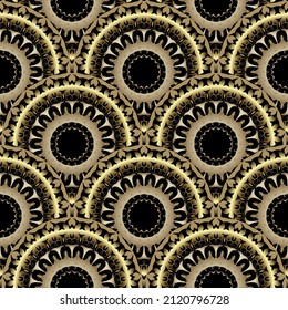 Mandalas florales Gold 3d sin fisuras. Superficie ornamental de fondo vectorial de lujo. Repetir el fondo Deco. Flores doradas ornamentadas modernas. Bonitos adornos enlosados. Textura interminable decorativa.