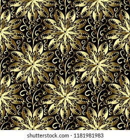 Gold 3d floral seamless pattern. Vector hand drawn vintage ornament. Ornamental patterned abstract background. Golden round ornate  mandalas, doodle swirls, dots. Surface endless decorative texture