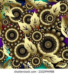 Gold 3d floral seamless pattern. Surface ornamental luxury vector background. Round abstract 3d gold sunflowers and leaves ornaments. Beautiful ornate golden flowers backdrop. Endless 3d texture.