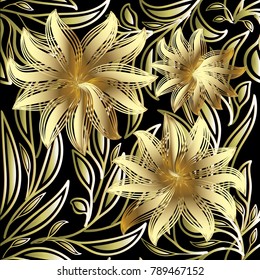 Gold 3d flowers seamless pattern. Vector black floral background with golden surface doodle hand drawn flowers, leaves, branches. Luxury wallpaper. 3d ornaments. Elegant design for fabric, prints.