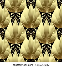 Gold 3d flowers vector seamless pattern. Abstract ornamental patterned background. Modern hand drawn ornament with vintage flowers, leaves, swirls, dots. Ornate decorative design. Endless rich texture