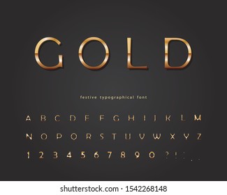Gold 3d font. Classic golden colored ABC letters and numbers. Elegant metal alphabet. Vector