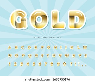 Gold 3d font. Cut out golden colored ABC letters and numbers. Celebration shiny alphabet. For posters, banners, web design. Vector