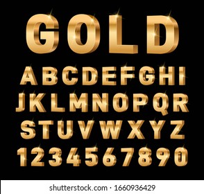 Gold 3d Font. Glossy Rich Alphabet, Trendy Metal Expensive Typography Elements. Luxury Exclusive Letters And Numbers. Golden Text Vector Set