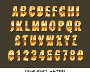 Gold 3d Font. Realistic Metal Latin Alphabet, Shiny Effect Capital English Letters And Glowing Metallic Numbers, Luxury Golden Typography, Vip And Award Inscriptions. Vector 3d Glossy Abc Isolated Set