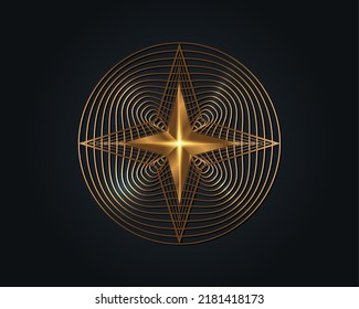 Gold 3D Four Point Star, Golden Circle Elegant Vector Logo Design, Beauty Decorative Logo Template, Luxury Sacred Geometry, round geometric pattern isolated on black background