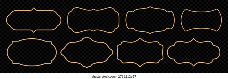 Conjunto de marcos 3d dorados. Adornar los bordes dorados vintage, insignias metálicas de lujo, elegantes Formas 3D, ventanas, viñetas, sellos, marcos de certificado en estilo oriental, Elementos decorativos. Ilustración vectorial
