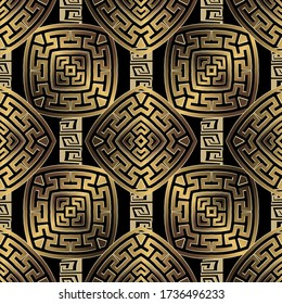Gold 3d geometric greek vector seamless pattern. Textured ornamental abstract background. Greek key meander ornaments. Beautiful ornate design. Modern repeat surface backdrop. Golden rhombus, squares.