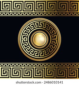 Gold 3d Greek key meanders seamless pattern with greek borders, frames, mandalas.  Vector repeating black background with Luxury royal gold 3d ornaments, borders, circles, round mandalas. Element.