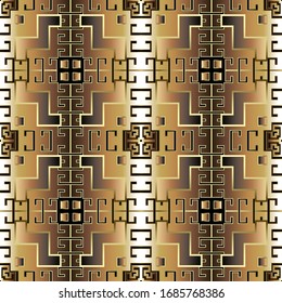 Gold 3d greek vector seamless pattern. Modern geometric background. Repeat plaid tartan backdrop. Ancient style greek key meander ornament. Luxury ornate design. For wallpapers, fabric, prints, tiles.