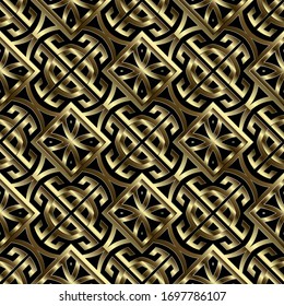 Patrón sin fisuras del vector gris dorado 3d. Repetir el fondo tribal abstracto. La llave griega serpentea adorno de oro de estilo étnico.  Diseño geométrico ornamentado moderno. Lujoso fondo geométrico interminable.