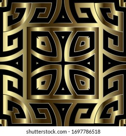 Gold 3d greek vector seamless pattern. Repeat tribal abstract background. Greek key meanders ethnic style golden ornament.  Geometric ornate modern design. Luxury surface geometrical endless backdrop.