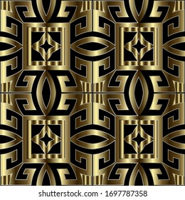 Patrón sin fisuras del vector gris dorado 3d. Repetir el fondo tribal abstracto. La llave griega serpentea adorno de oro de estilo étnico.  Diseño geométrico ornamentado moderno. Lujoso fondo geométrico interminable.