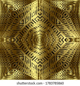 Gold 3d greek vector seamless pattern. Modern abstract geometric golden background. Textured ornamental decorative design. Ornate greek key meander ornaments. Geometrical shapes. Surface  texture.