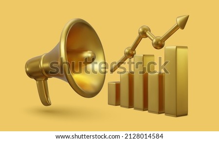Gold 3d growing bars graphic with rising arrow and megaphone. Vector illustration